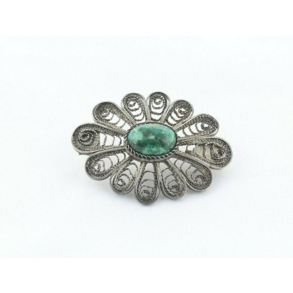 Sterling Silver Green Agate Flower Pin Brooch - Picture 1 of 7